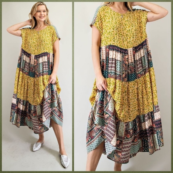 EASEL "Pretty Days" Cottagecore Mix Print Free Flow & Relaxed Pleated Maxi Dress - Picture 6 of 16